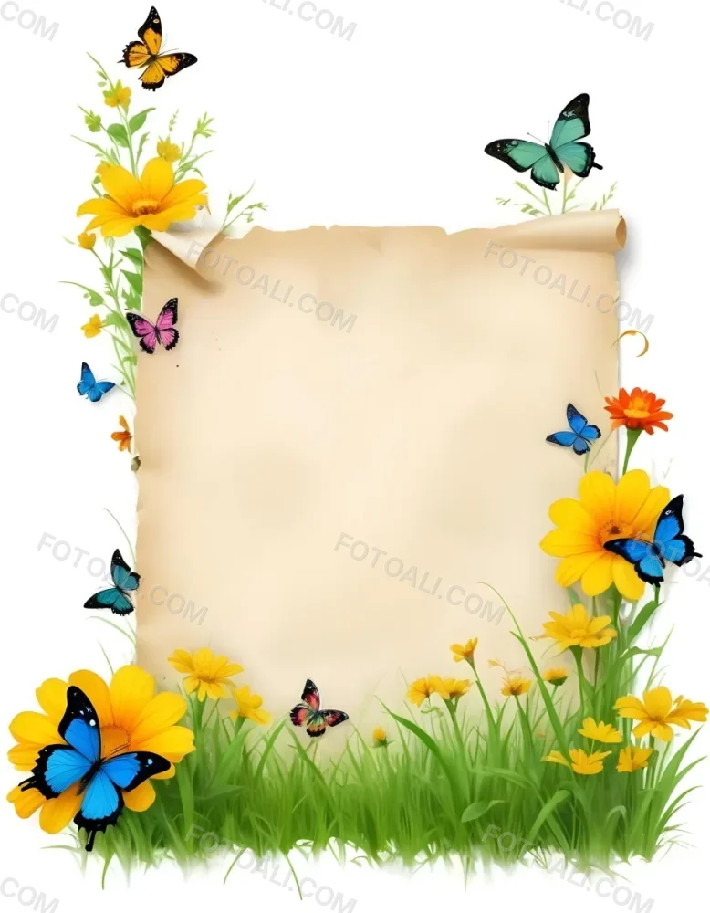 Digital Painting A Blank Parchment Paper Surrounded By Yellow Flowers Green Grass And Colorful Butterflies On A Colorful Background Creating A Vibrant And Natural Frame Bold And Slim Lines Brush Strokes 5 80d7