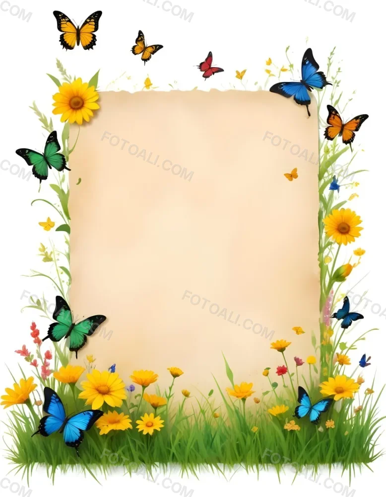 Digital Painting A Blank Parchment Paper Surrounded By Yellow Flowers Green Grass And Colorful Butterflies On A Colorful Background Creating A Vibrant And Natural Frame Bold And Slim Lines Brush Strokes 6 882f