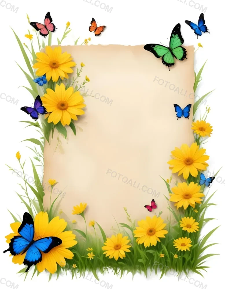 Digital Painting A Blank Parchment Paper Surrounded By Yellow Flowers Green Grass And Colorful Butterflies On A Colorful Background Creating A Vibrant And Natural Frame Bold And Slim Lines Brush Strokes 9 0fb4