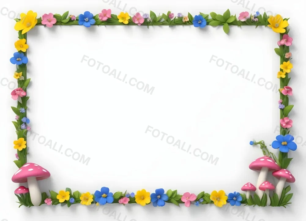 Digital Painting A Blank White Background Framed By A Colorful Border Featuring Small Pink Mushrooms Blue Flowers Yellow Flowers And Green Flowers The Design Is Playful And Suitable For A Cheerful Theme Bold And S 1 1a9f
