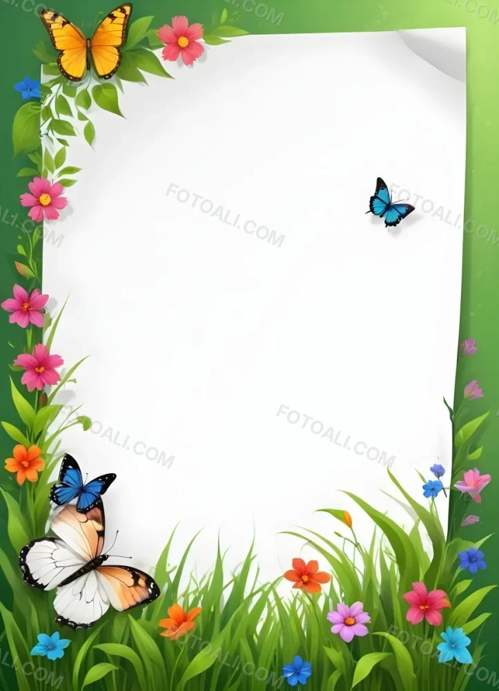 Digital Painting A Blank White Paper With A Curled Corner Surrounded By Green Leaves Grass And Colorful Flowers With A Butterfly At The Bottom Against A Bright Green Background Bold And Slim Lines Brush Stroke 12 7505