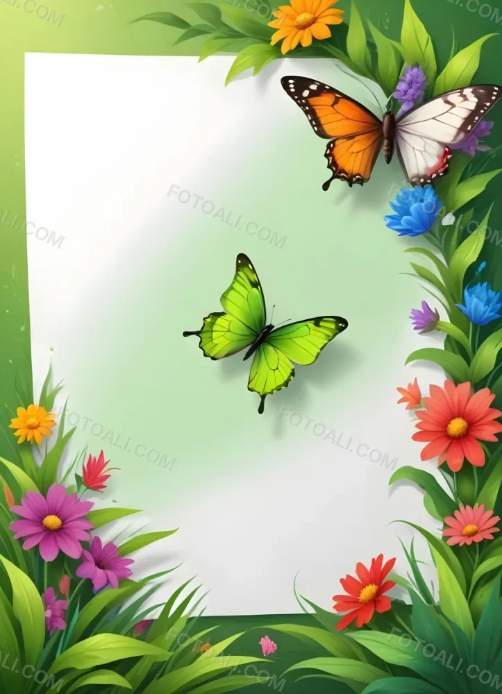 Digital Painting A Blank White Paper With A Curled Corner Surrounded By Green Leaves Grass And Colorful Flowers With A Butterfly At The Bottom Against A Bright Green Background Bold And Slim Lines Brush Stroke 18 15e8