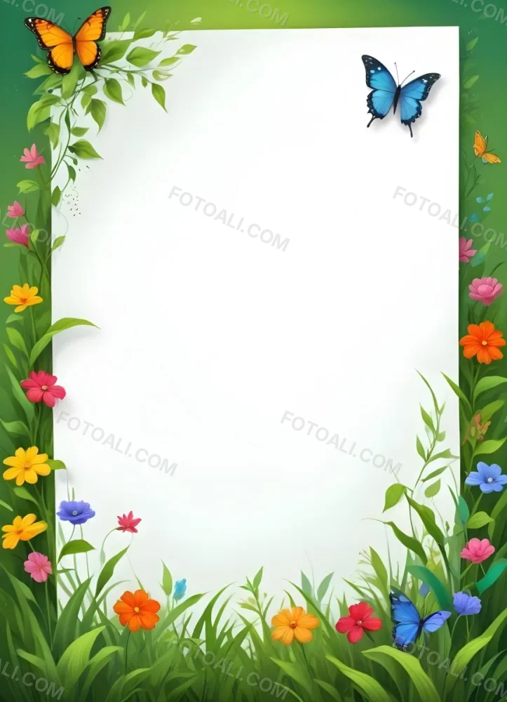 Digital Painting A Blank White Paper With A Curled Corner Surrounded By Green Leaves Grass And Colorful Flowers With A Butterfly At The Bottom Against A Bright Green Background Bold And Slim Lines Brush Stroke 21 7766
