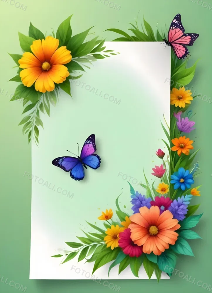 Digital Painting A Blank White Paper With A Curled Corner Surrounded By Green Leaves Grass And Colorful Flowers With A Butterfly At The Bottom Against A Bright Green Background Bold And Slim Lines Brush Stroke 36 2773