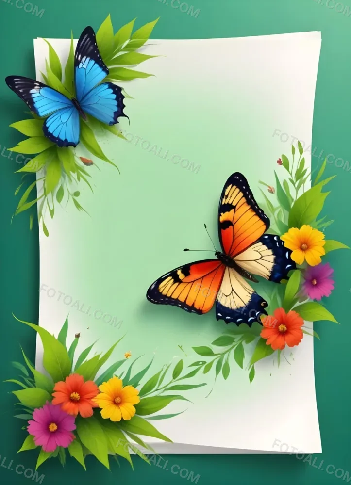 Digital Painting A Blank White Paper With A Curled Corner Surrounded By Green Leaves Grass And Colorful Flowers With A Butterfly At The Bottom Against A Bright Green Background Bold And Slim Lines Brush Stroke 46 44ef