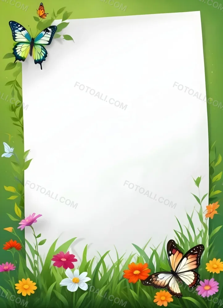 Digital Painting A Blank White Paper With A Curled Corner Surrounded By Green Leaves Grass And Colorful Flowers With A Butterfly At The Bottom Against A Bright Green Background Bold And Slim Lines Brush Stroke 47 D61d