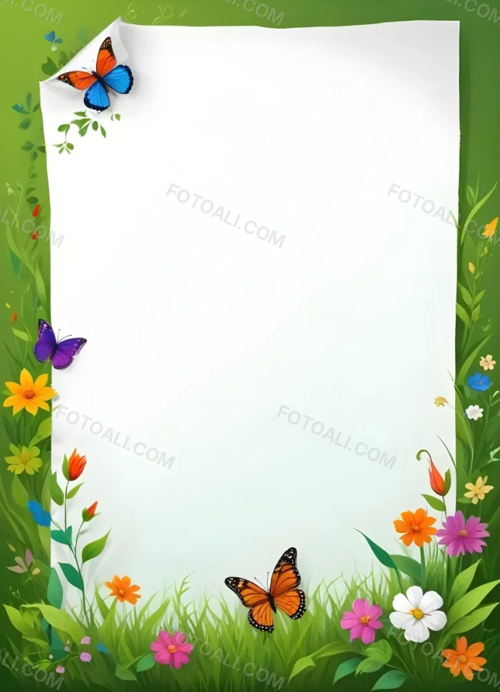 Digital Painting A Blank White Paper With A Curled Corner Surrounded By Green Leaves Grass And Colorful Flowers With A Butterfly At The Bottom Against A Bright Green Background Bold And Slim Lines Brush Stroke 7 06ab