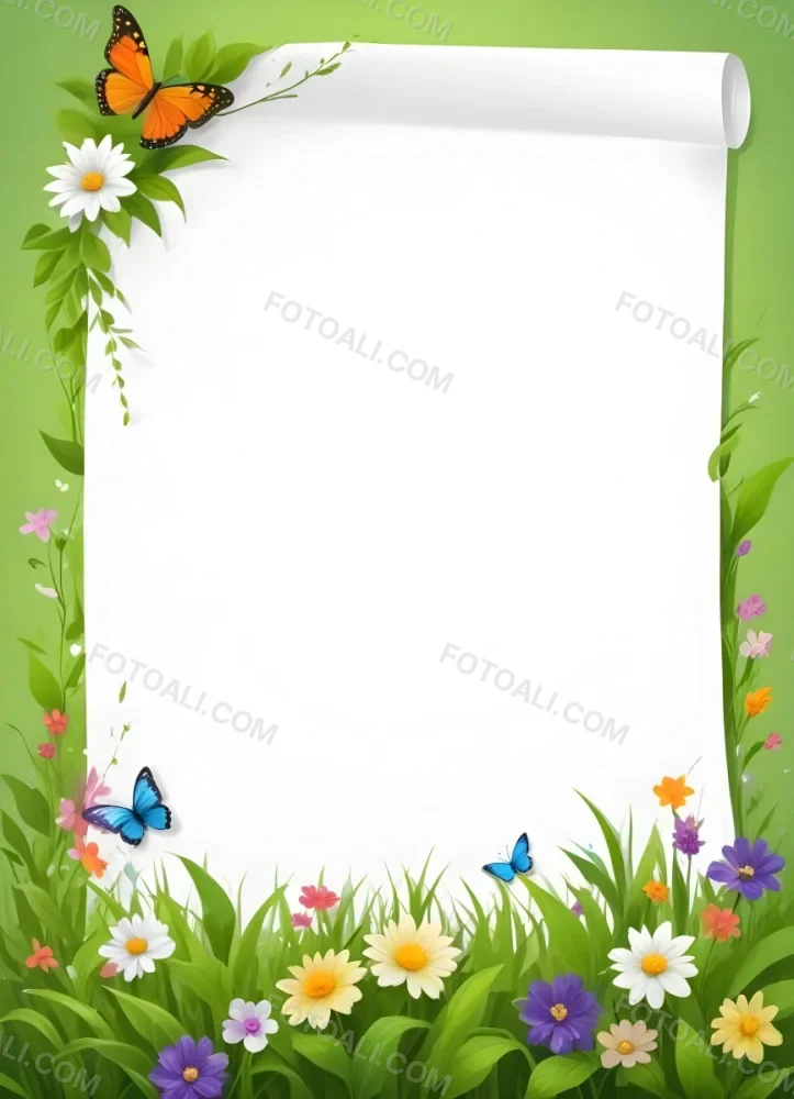 Digital Painting A Blank White Paper With A Curled Corner Surrounded By Green Leaves Grass And Colorful Flowers With A Butterfly At The Bottom Against A Bright Green Background Bold And Slim Lines Brush Stroke 8 1af6