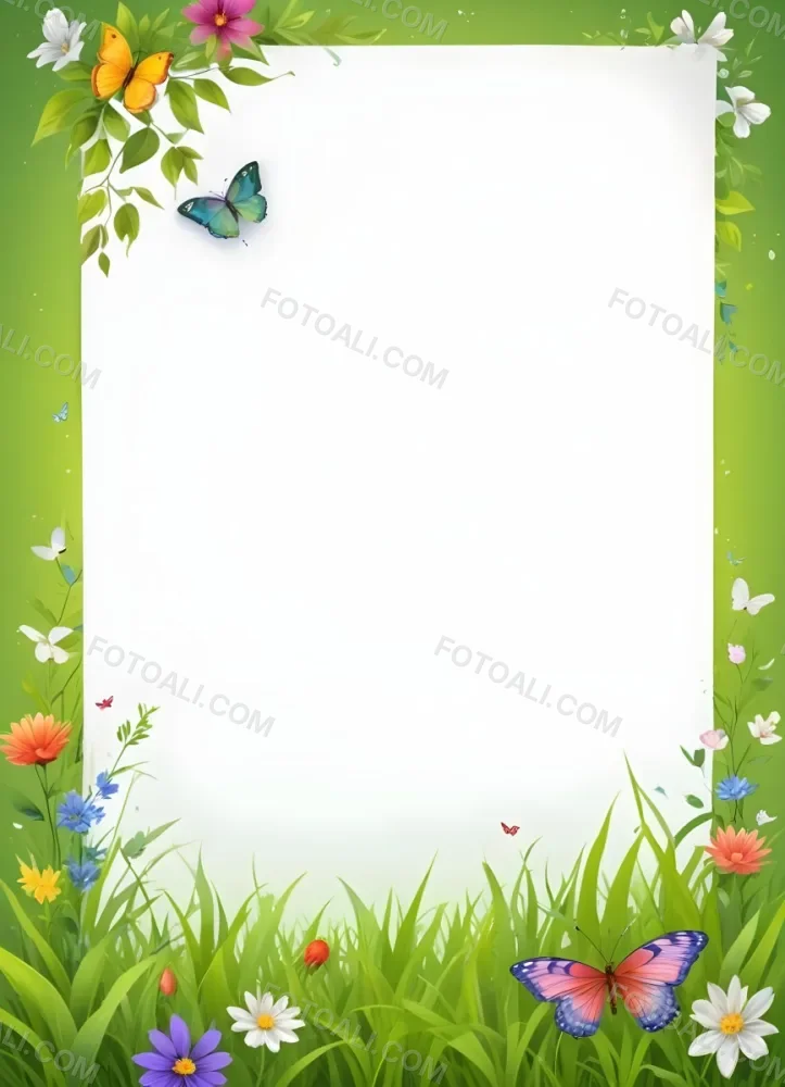 Digital Painting A Blank White Paper With A Curled Corner Surrounded By Green Leaves Grass And Colorful Flowers With A Butterfly At The Bottom Against A Bright Green Background Bold And Slim Lines Brush Stroke 9 Fba6