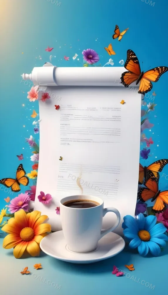Digital Painting A Blank White Scroll With A Cup Of Coffee Surrounded By Colorful Flowers And Butterflies On A Bright Blue Background With Sparkling Lights Bold And Slim Lines Brush Strokes 10 8966