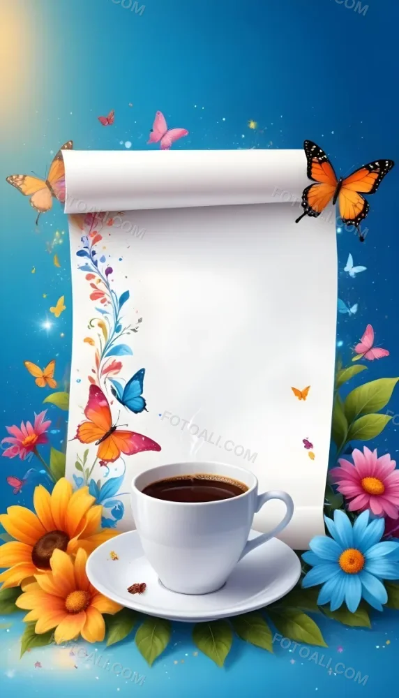 Digital Painting A Blank White Scroll With A Cup Of Coffee Surrounded By Colorful Flowers And Butterflies On A Bright Blue Background With Sparkling Lights Bold And Slim Lines Brush Strokes 23 5ed1