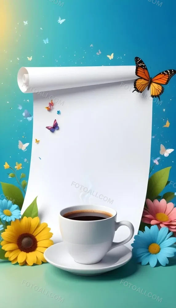Digital Painting A Blank White Scroll With A Cup Of Coffee Surrounded By Colorful Flowers And Butterflies On A Bright Blue Background With Sparkling Lights Bold And Slim Lines Brush Strokes 39 9018