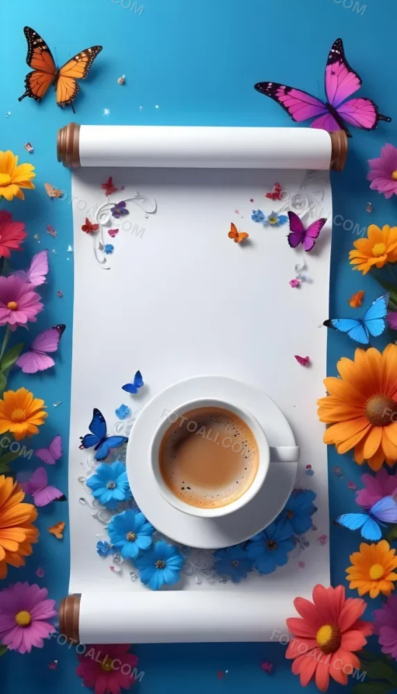 Digital Painting A Blank White Scroll With A Cup Of Coffee Surrounded By Colorful Flowers And Butterflies On A Bright Blue Background With Sparkling Lights Bold And Slim Lines Brush Strokes 44 4252