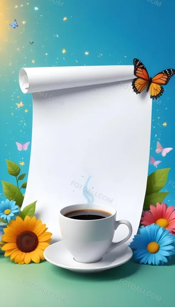 Digital Painting A Blank White Scroll With A Cup Of Coffee Surrounded By Colorful Flowers And Butterflies On A Bright Blue Background With Sparkling Lights Bold And Slim Lines Brush Strokes 45 9717