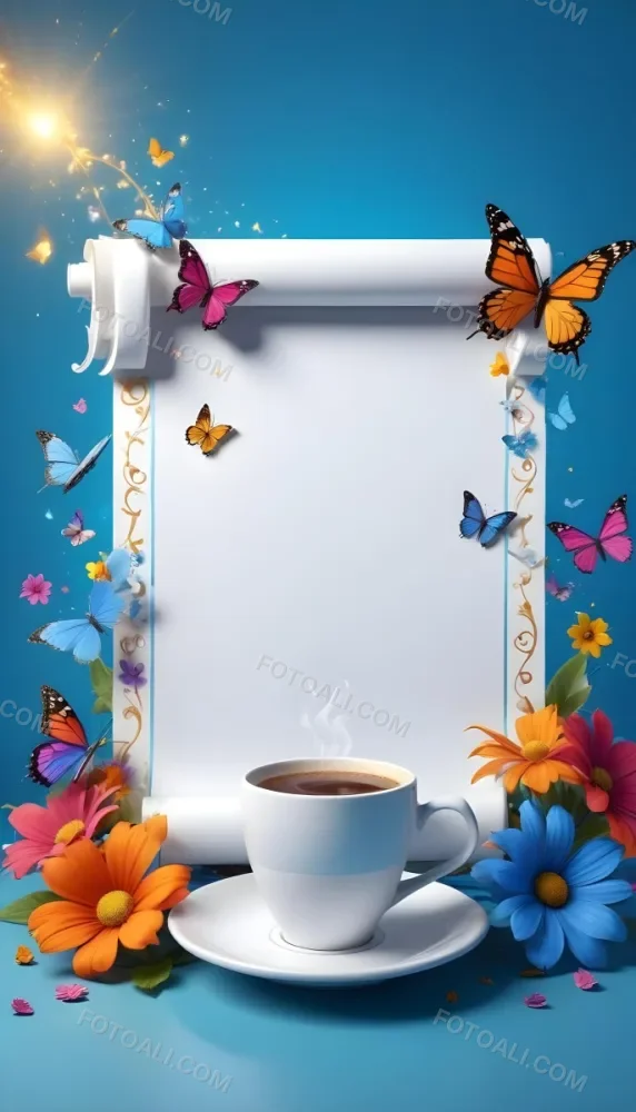 Digital Painting A Blank White Scroll With A Cup Of Coffee Surrounded By Colorful Flowers And Butterflies On A Bright Blue Background With Sparkling Lights Bold And Slim Lines Brush Strokes 47 2cb9