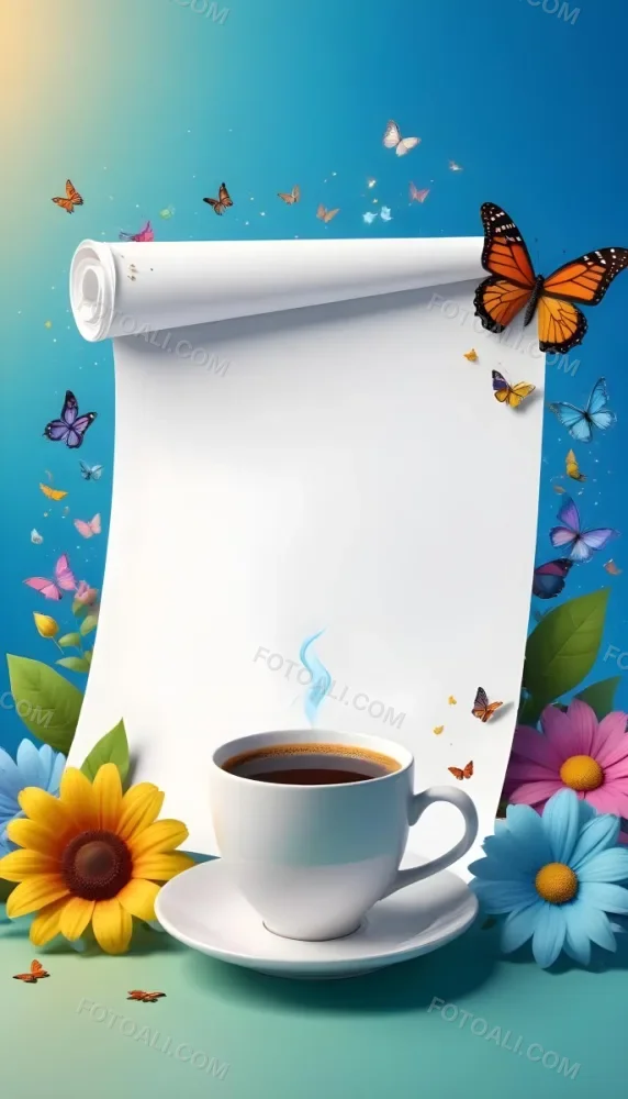 Digital Painting A Blank White Scroll With A Cup Of Coffee Surrounded By Colorful Flowers And Butterflies On A Bright Blue Background With Sparkling Lights Bold And Slim Lines Brush Strokes 6 C22b