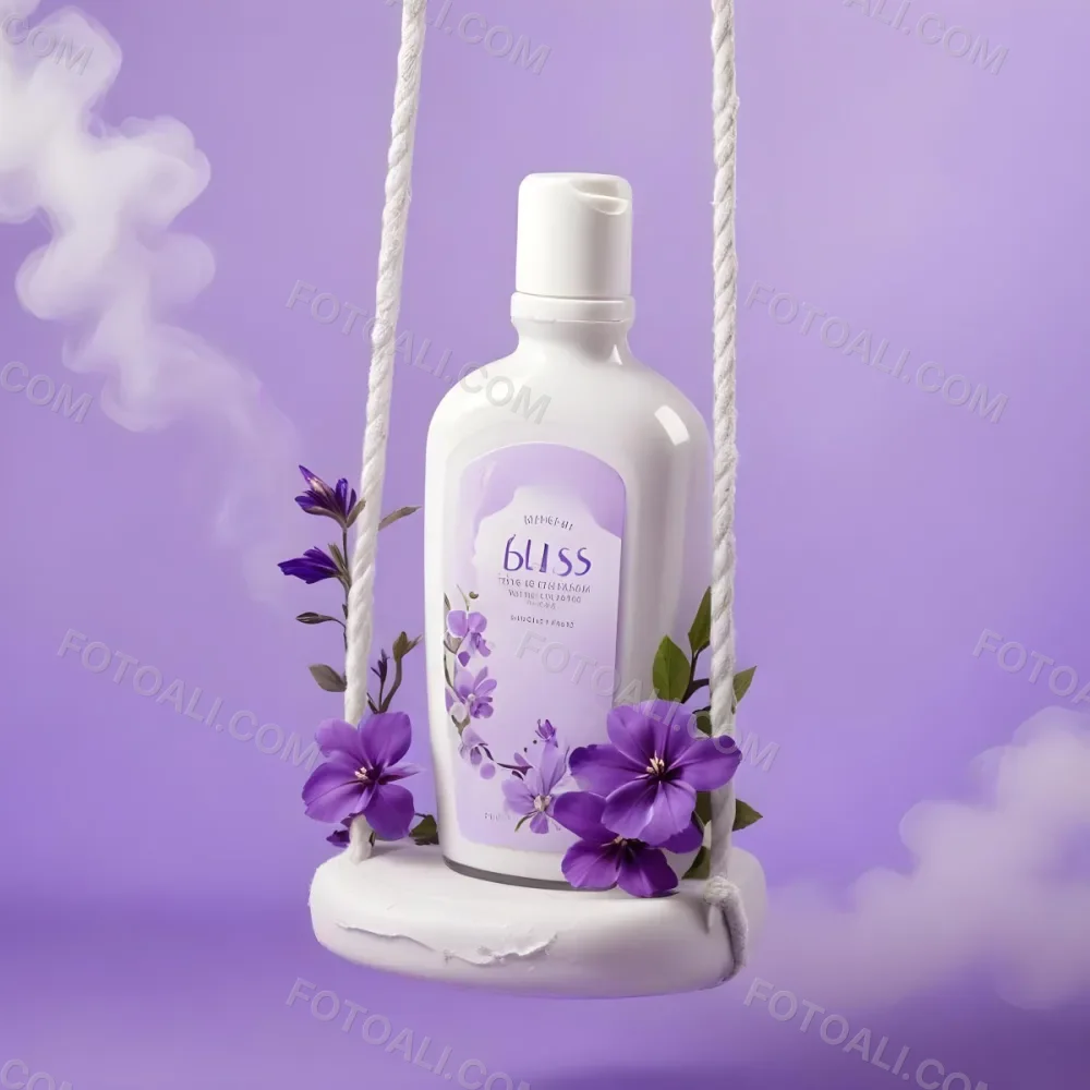 Digital Painting A Bottle Of Bliss Lotion On A Swing With Purple Flowers On A Purple Background With Smoke Product Photography Studio Shot Bold And Slim Lines Brush Strokes 11 1a22