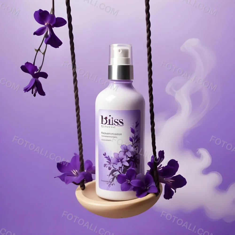 Digital Painting A Bottle Of Bliss Lotion On A Swing With Purple Flowers On A Purple Background With Smoke Product Photography Studio Shot Bold And Slim Lines Brush Strokes 15 29b4