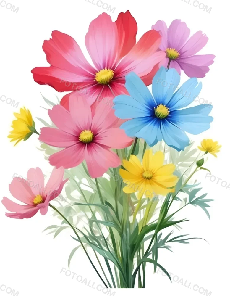 Digital Painting A Bouquet Of Vibrant Flowers Featuring Pink Red Blue And Yellow Blooms With Green Foliage The Flowers Have Large Petals And A Soft Appearance Arranged In A Lush Display Bold And Slim Lines Bru 16 9c0a