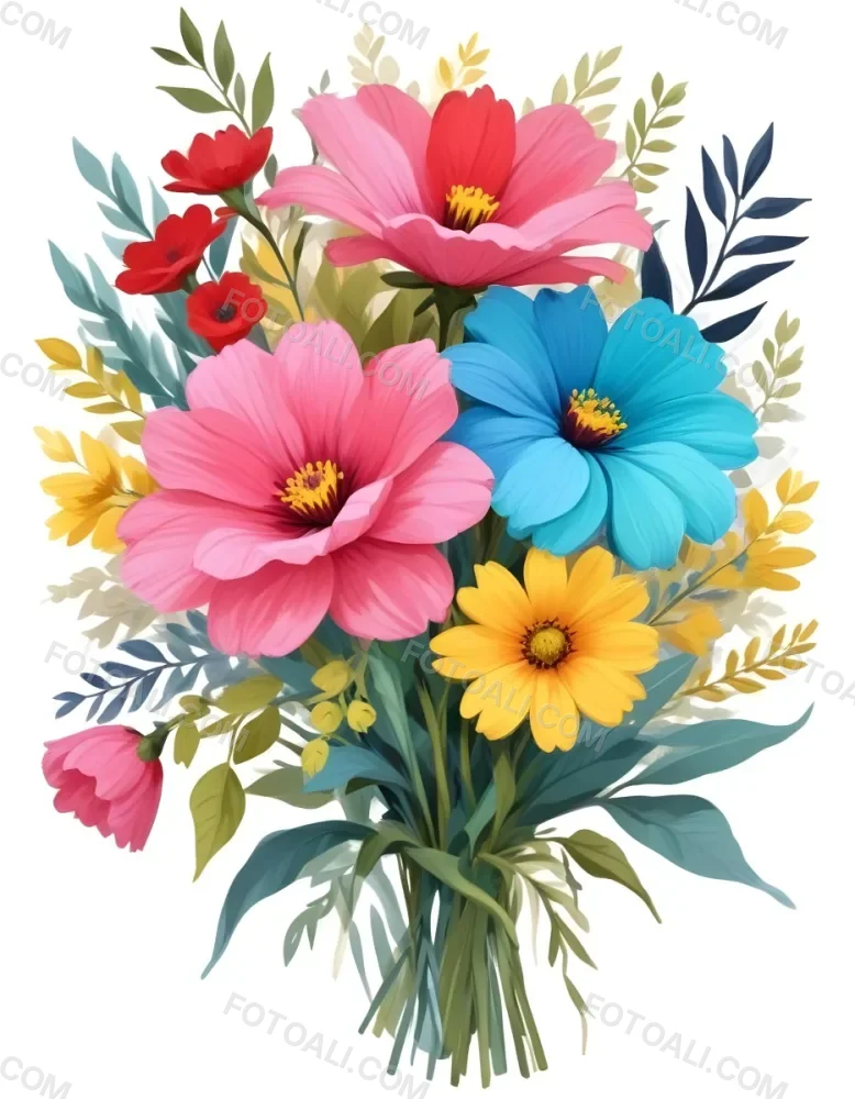 Digital Painting A Bouquet Of Vibrant Flowers Featuring Pink Red Blue And Yellow Blooms With Green Foliage The Flowers Have Large Petals And A Soft Appearance Arranged In A Lush Display Bold And Slim Lines Bru 19 462a