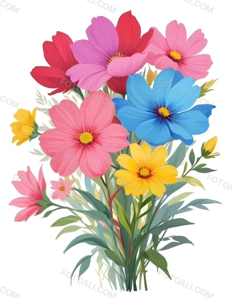 Digital Painting A Bouquet Of Vibrant Flowers Featuring Pink Red Blue And Yellow Blooms With Green Foliage The Flowers Have Large Petals And A Soft Appearance Arranged In A Lush Display Bold And Slim Lines Bru 22 A7ce