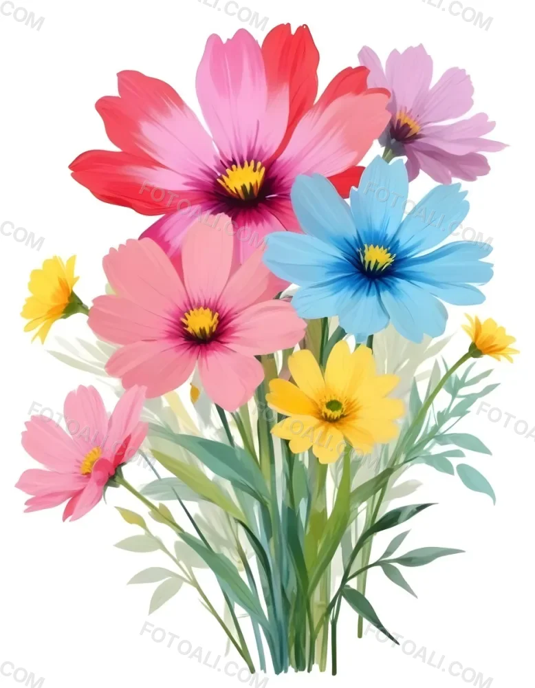 Digital Painting A Bouquet Of Vibrant Flowers Featuring Pink Red Blue And Yellow Blooms With Green Foliage The Flowers Have Large Petals And A Soft Appearance Arranged In A Lush Display Bold And Slim Lines Bru 30 6e21