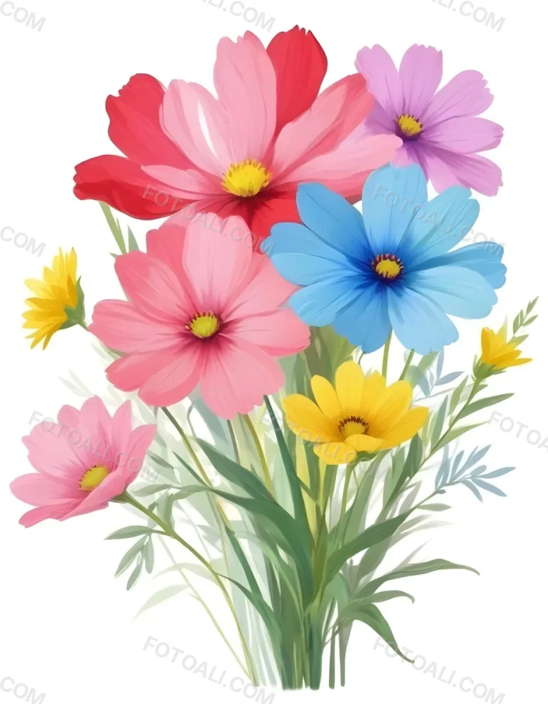Digital Painting A Bouquet Of Vibrant Flowers Featuring Pink Red Blue And Yellow Blooms With Green Foliage The Flowers Have Large Petals And A Soft Appearance Arranged In A Lush Display Bold And Slim Lines Bru 32 98e7