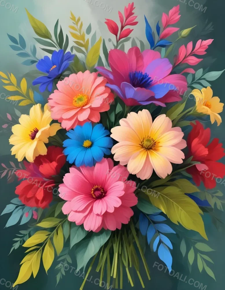 Digital Painting A Bouquet Of Vibrant Flowers Featuring Pink Red Blue And Yellow Blooms With Green Foliage The Flowers Have Large Petals And A Soft Appearance Arranged In A Lush Display Bold And Slim Lines Bru 33 Fe5f