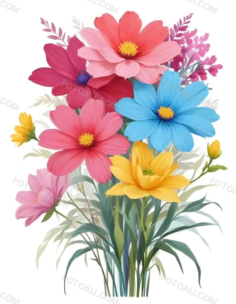 Digital Painting A Bouquet Of Vibrant Flowers Featuring Pink Red Blue And Yellow Blooms With Green Foliage The Flowers Have Large Petals And A Soft Appearance Arranged In A Lush Display Bold And Slim Lines Bru 35 C190