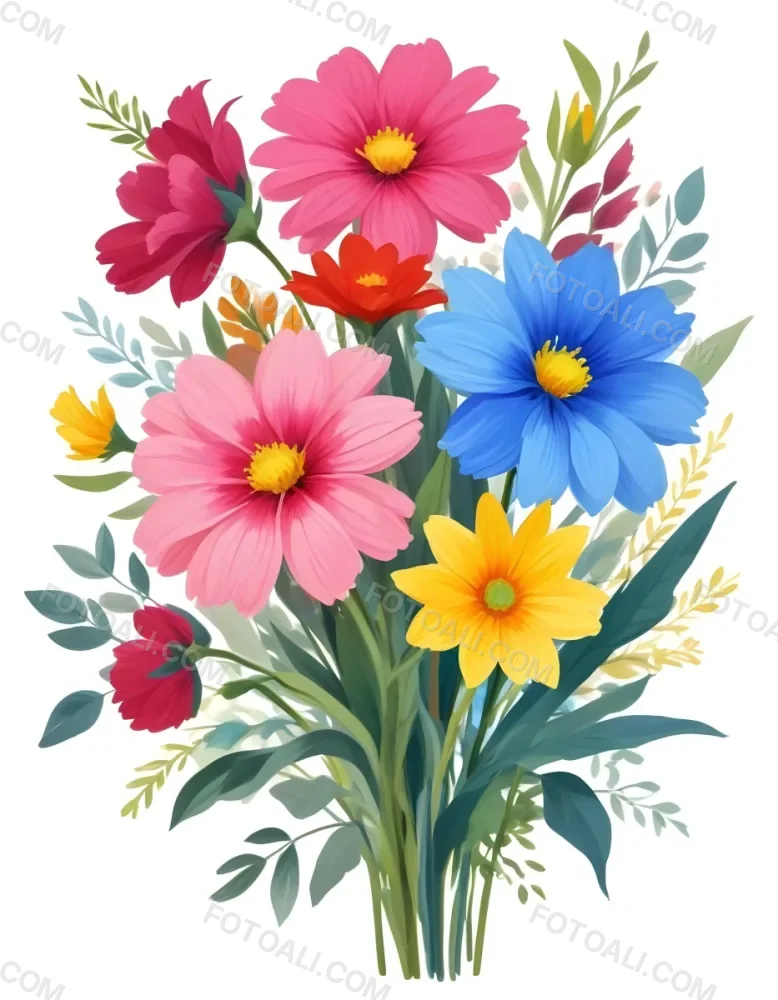 Digital Painting A Bouquet Of Vibrant Flowers Featuring Pink Red Blue And Yellow Blooms With Green Foliage The Flowers Have Large Petals And A Soft Appearance Arranged In A Lush Display Bold And Slim Lines Bru 38 E919
