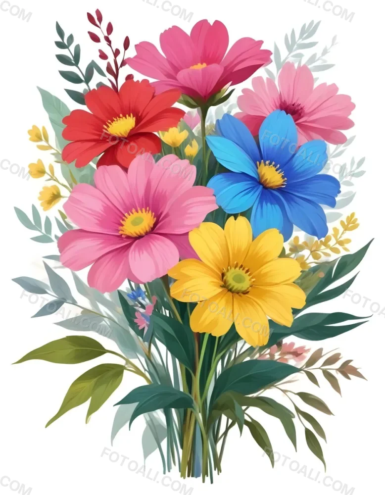 Digital Painting A Bouquet Of Vibrant Flowers Featuring Pink Red Blue And Yellow Blooms With Green Foliage The Flowers Have Large Petals And A Soft Appearance Arranged In A Lush Display Bold And Slim Lines Bru 41 9c95