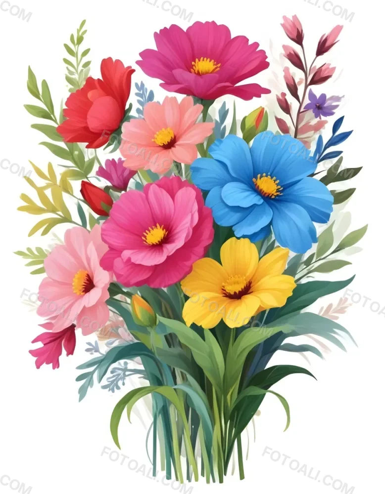 Digital Painting A Bouquet Of Vibrant Flowers Featuring Pink Red Blue And Yellow Blooms With Green Foliage The Flowers Have Large Petals And A Soft Appearance Arranged In A Lush Display Bold And Slim Lines Bru 43 743f
