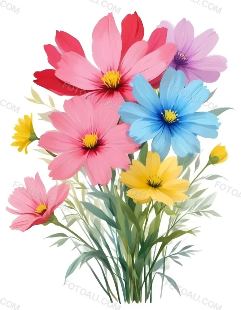 Digital Painting A Bouquet Of Vibrant Flowers Featuring Pink Red Blue And Yellow Blooms With Green Foliage The Flowers Have Large Petals And A Soft Appearance Arranged In A Lush Display Bold And Slim Lines Bru 48 A1a0
