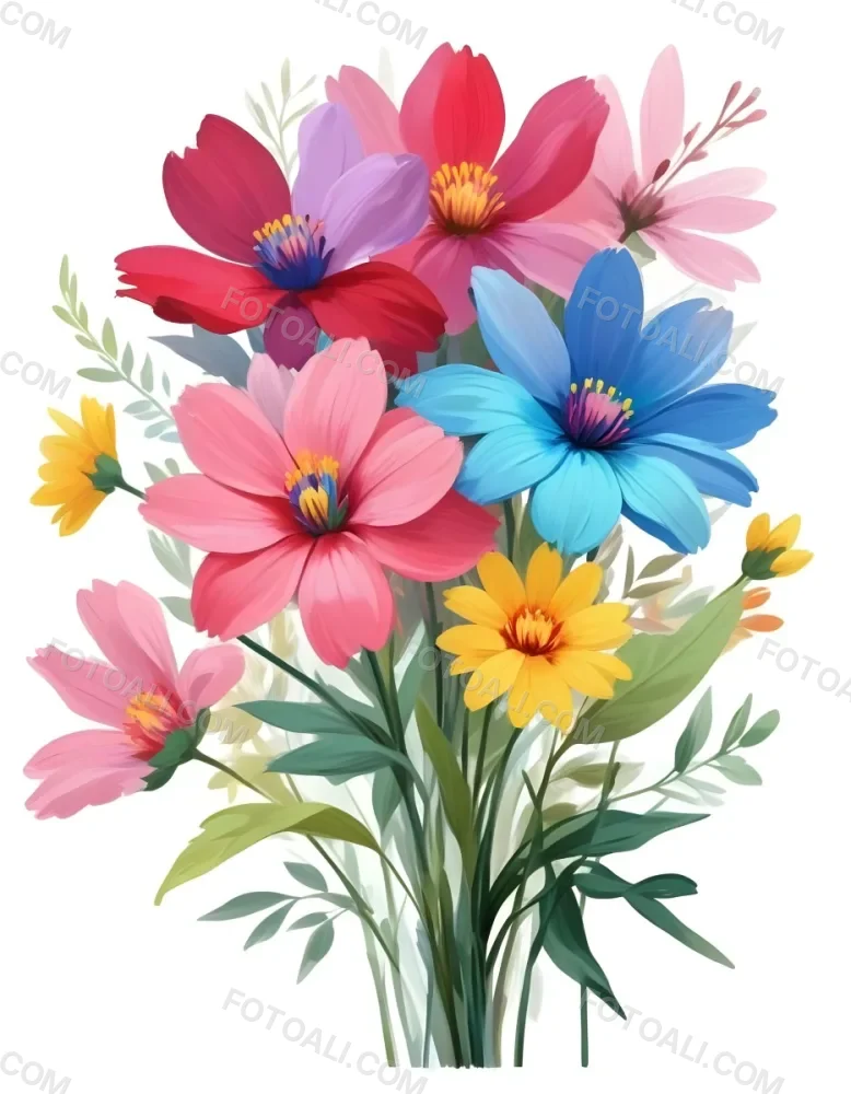 Digital Painting A Bouquet Of Vibrant Flowers Featuring Pink Red Blue And Yellow Blooms With Green Foliage The Flowers Have Large Petals And A Soft Appearance Arranged In A Lush Display Bold And Slim Lines Bru 49 1e2a