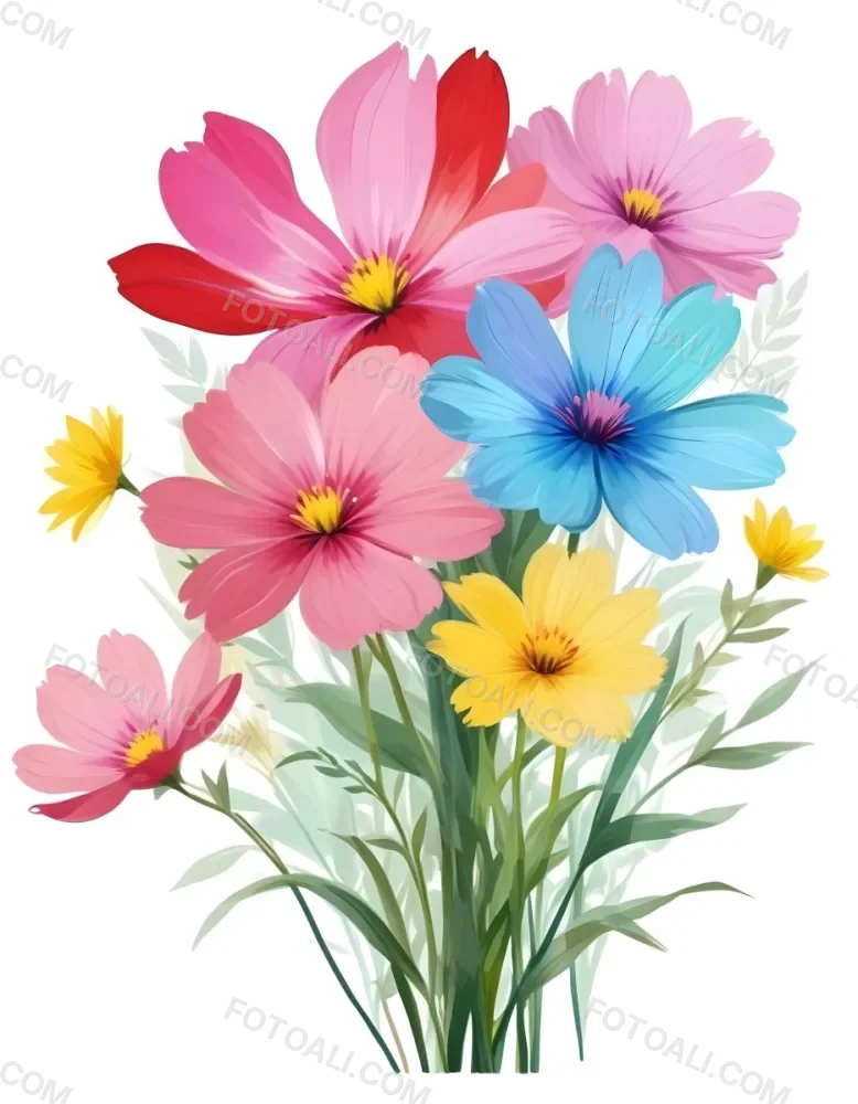 Digital Painting A Bouquet Of Vibrant Flowers Featuring Pink Red Blue And Yellow Blooms With Green Foliage The Flowers Have Large Petals And A Soft Appearance Arranged In A Lush Display Bold And Slim Lines Bru 50 C242