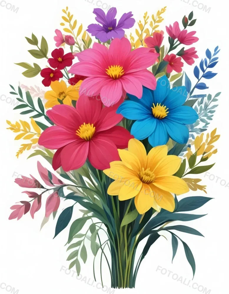Digital Painting A Bouquet Of Vibrant Flowers Featuring Pink Red Blue And Yellow Blooms With Green Foliage The Flowers Have Large Petals And A Soft Appearance Arranged In A Lush Display Bold And Slim Lines Bru 51 8191