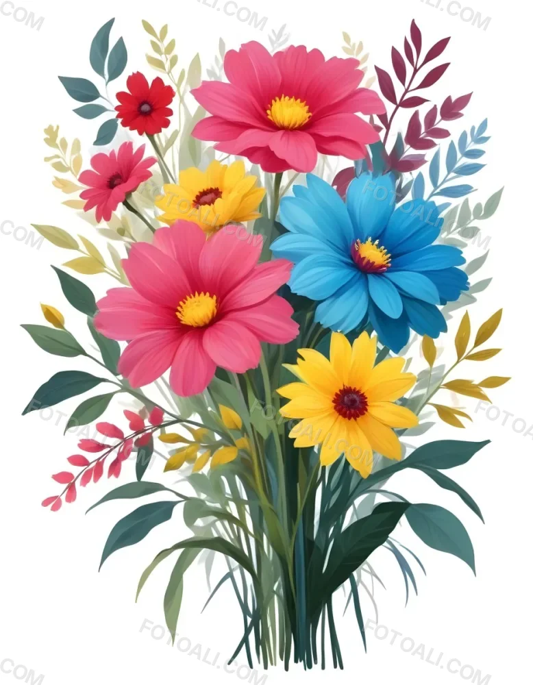 Digital Painting A Bouquet Of Vibrant Flowers Featuring Pink Red Blue And Yellow Blooms With Green Foliage The Flowers Have Large Petals And A Soft Appearance Arranged In A Lush Display Bold And Slim Lines Bru 55 4d29