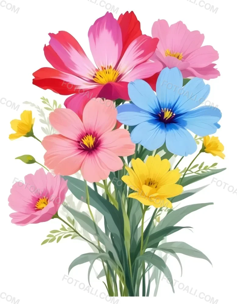 Digital Painting A Bouquet Of Vibrant Flowers Featuring Pink Red Blue And Yellow Blooms With Green Foliage The Flowers Have Large Petals And A Soft Appearance Arranged In A Lush Display Bold And Slim Lines Bru 59 8beb