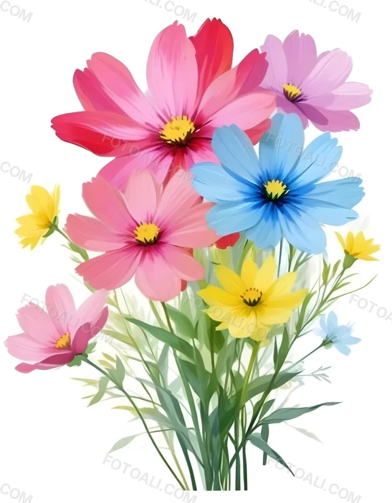 Digital Painting A Bouquet Of Vibrant Flowers Featuring Pink Red Blue And Yellow Blooms With Green Foliage The Flowers Have Large Petals And A Soft Appearance Arranged In A Lush Display Bold And Slim Lines Bru 6 4689