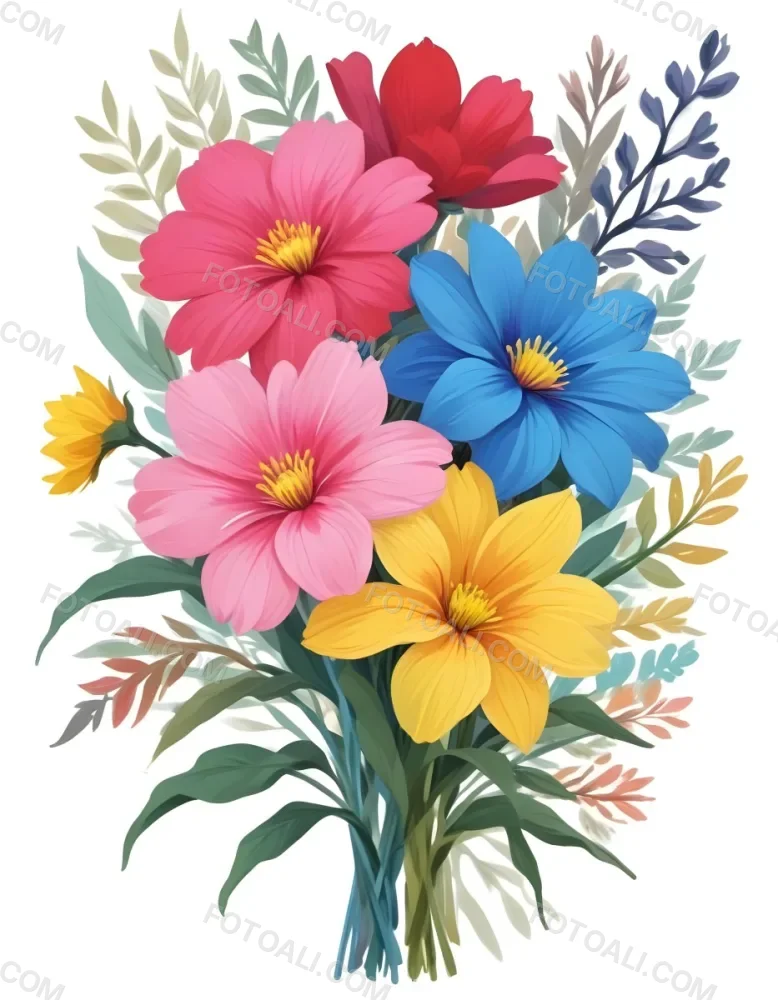 Digital Painting A Bouquet Of Vibrant Flowers Featuring Pink Red Blue And Yellow Blooms With Green Foliage The Flowers Have Large Petals And A Soft Appearance Arranged In A Lush Display Bold And Slim Lines Bru 64 74f6