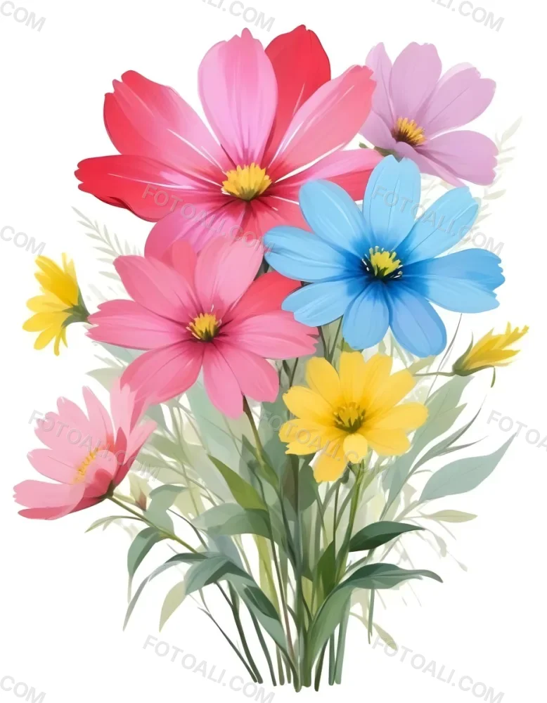 Digital Painting A Bouquet Of Vibrant Flowers Featuring Pink Red Blue And Yellow Blooms With Green Foliage The Flowers Have Large Petals And A Soft Appearance Arranged In A Lush Display Bold And Slim Lines Bru 7 6d74