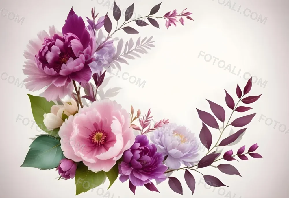 Digital Painting A Bouquet Of Vibrant Pink And Purple Flowers Including Large Peonies Surrounded By Lush Green Leaves And Delicate Floral Accents The Background Is A Soft Neutral Tone Allowing The Colorful Fl 27 314d