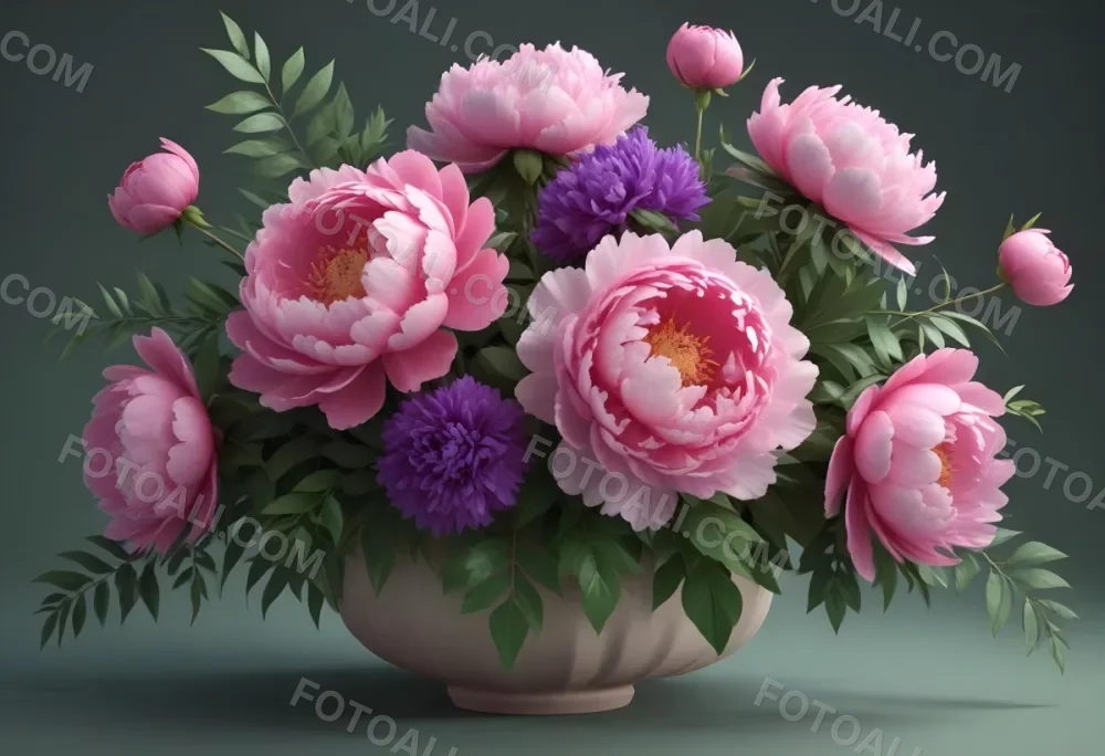 Digital Painting A Bouquet Of Vibrant Pink And Purple Flowers Including Large Peonies Surrounded By Lush Green Leaves And Delicate Floral Accents The Background Is A Soft Neutral Tone Allowing The Colorful Fl 34 21c9