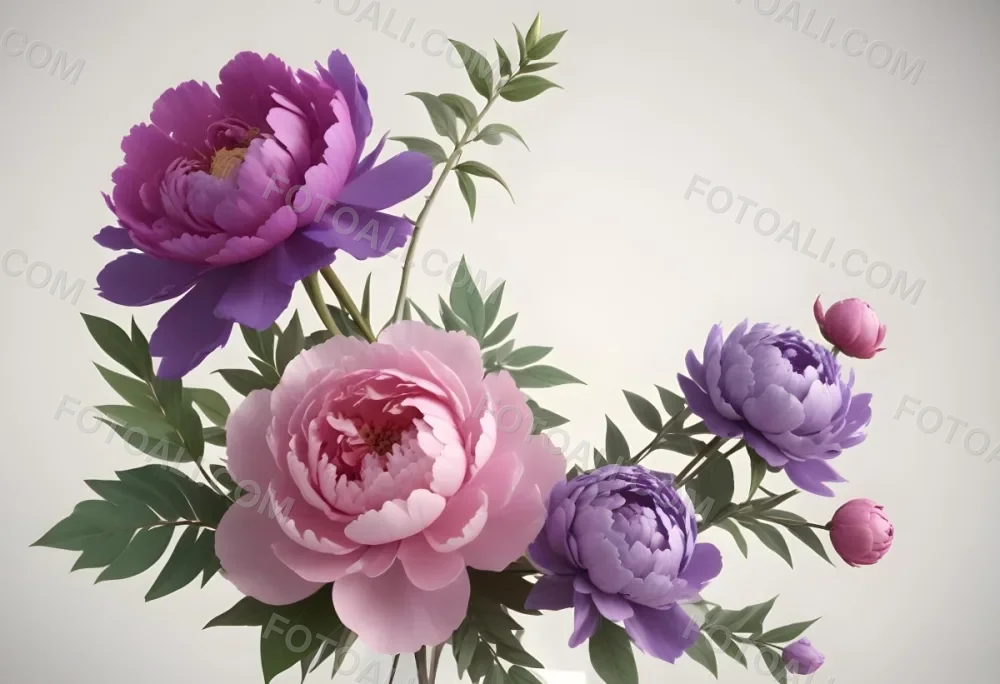 Digital Painting A Bouquet Of Vibrant Pink And Purple Flowers Including Large Peonies Surrounded By Lush Green Leaves And Delicate Floral Accents The Background Is A Soft Neutral Tone Allowing The Colorful Fl 36 5768