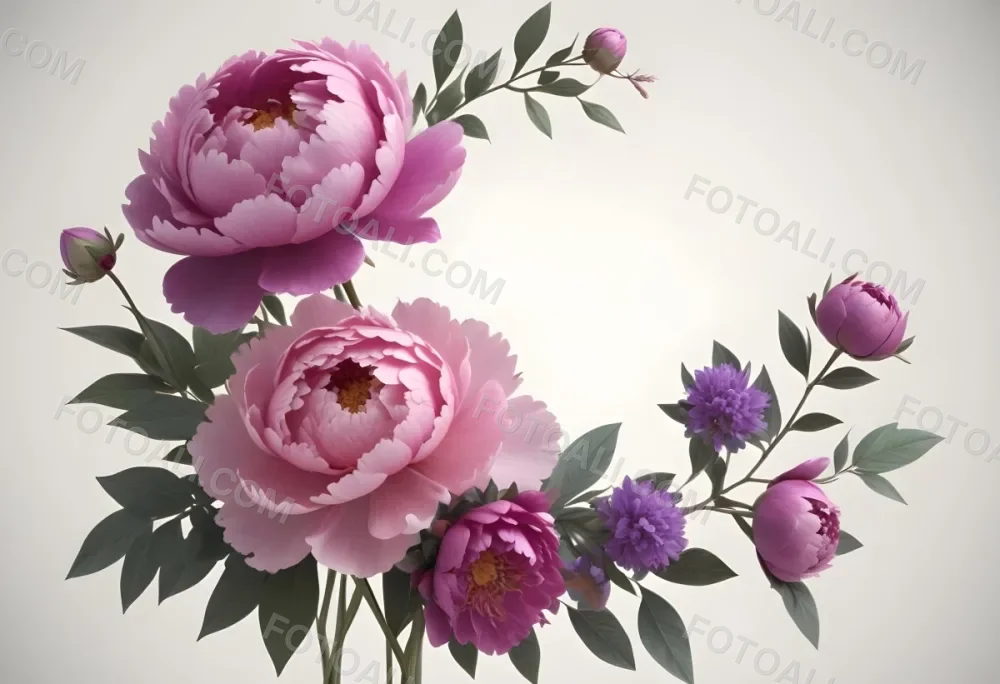 Digital Painting A Bouquet Of Vibrant Pink And Purple Flowers Including Large Peonies Surrounded By Lush Green Leaves And Delicate Floral Accents The Background Is A Soft Neutral Tone Allowing The Colorful Fl 39 Cdc0