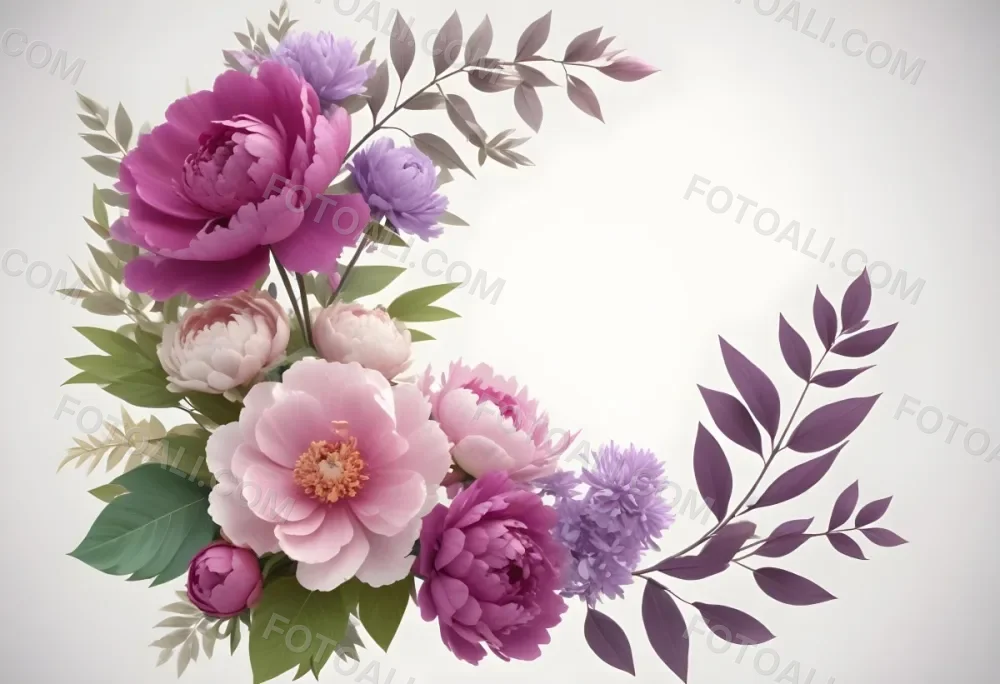 Digital Painting A Bouquet Of Vibrant Pink And Purple Flowers Including Large Peonies Surrounded By Lush Green Leaves And Delicate Floral Accents The Background Is A Soft Neutral Tone Allowing The Colorful Fl 40 25e4