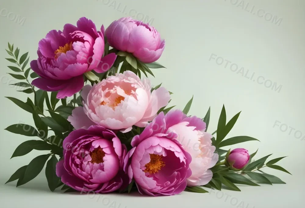 Digital Painting A Bouquet Of Vibrant Pink And Purple Flowers Including Large Peonies Surrounded By Lush Green Leaves And Delicate Floral Accents The Background Is A Soft Neutral Tone Allowing The Colorful Fl 5 64cc