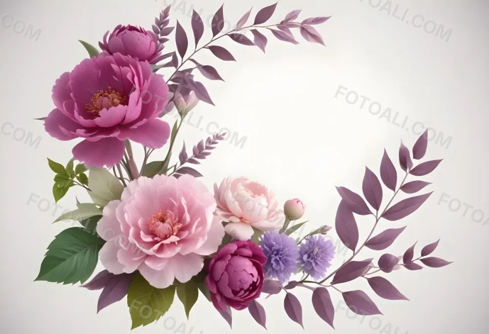 Digital Painting A Bouquet Of Vibrant Pink And Purple Flowers Including Large Peonies Surrounded By Lush Green Leaves And Delicate Floral Accents The Background Is A Soft Neutral Tone Allowing The Colorful Fl 50 C963