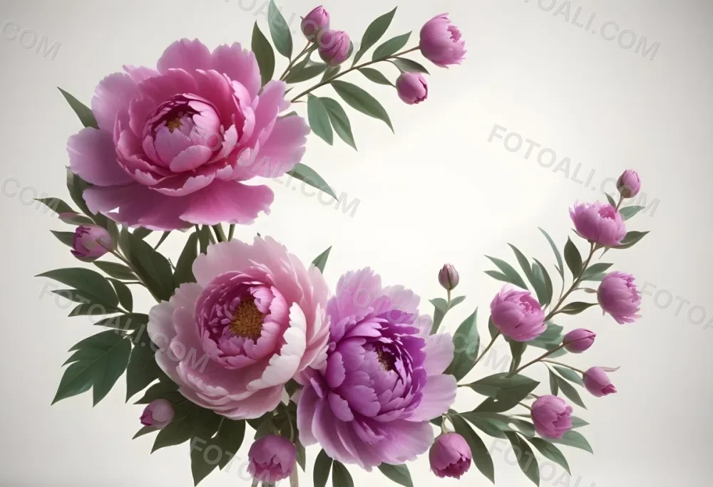 Digital Painting A Bouquet Of Vibrant Pink And Purple Flowers Including Large Peonies Surrounded By Lush Green Leaves And Delicate Floral Accents The Background Is A Soft Neutral Tone Allowing The Colorful Fl 51 43b7