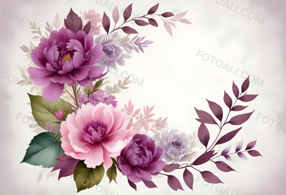 Digital Painting A Bouquet Of Vibrant Pink And Purple Flowers Including Large Peonies Surrounded By Lush Green Leaves And Delicate Floral Accents The Background Is A Soft Neutral Tone Allowing The Colorful Fl 69 1ef2